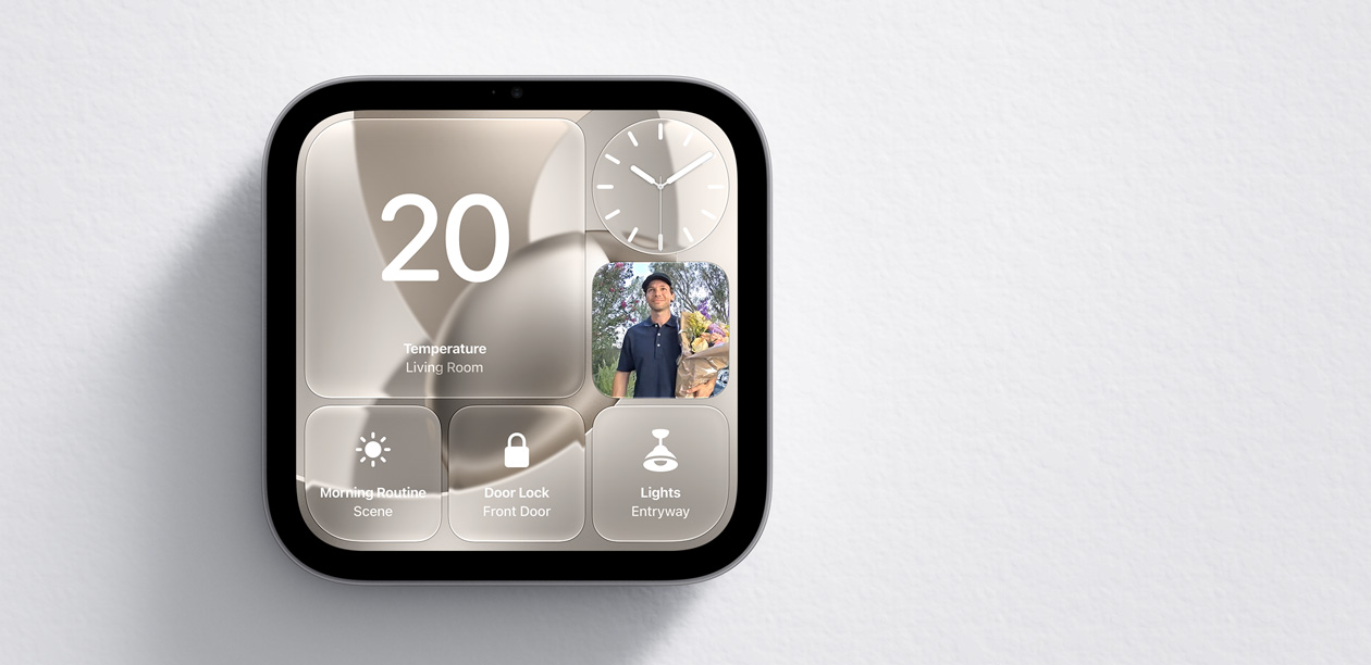 Apple HomeView, screen shows Home app with temperature showing 20 degrees, clock, front door camera feed, Morning Routine scene, door lock and light controls