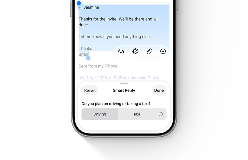 Smart Reply options in the Mail app are shown on an iPhone.