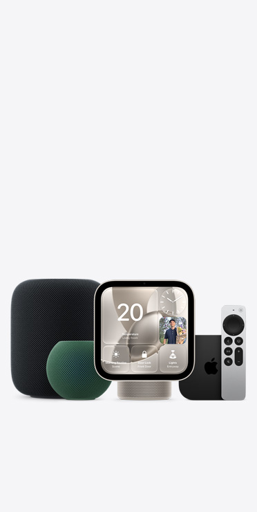 Apple Home devices, including HomePod in midnight colour, HomePod mini 2 in green colour, Apple HomeView, starlight colour (pale gold), showing Home app and Apple TV 4K with Siri Remote