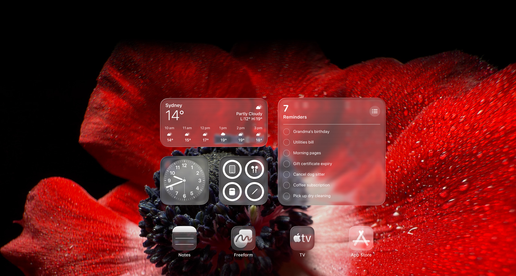 Lock Screen showing app icons for Weather, Reminders and Clock, all translucent Liquid Glass, refracting background