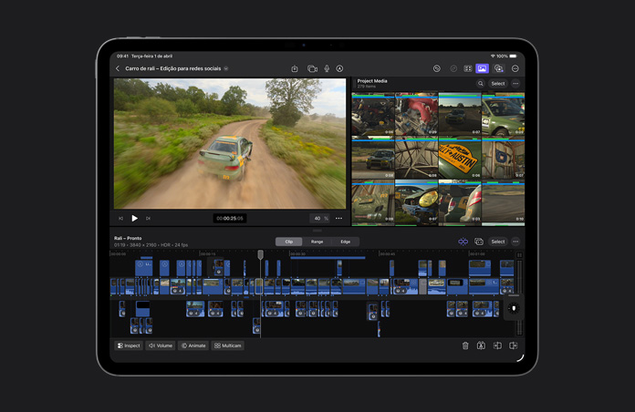 Tela do iPad Pro de 13 polegadas, interface do Final Cut Pro e linha do tempo com um carro verde indo por uma estrada