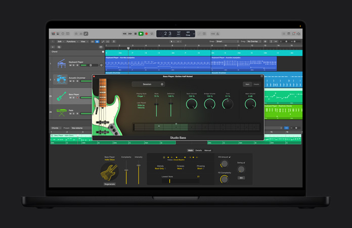 Tela do MacBook Pro de 16 polegadas, interface do Logic Pro com AI Session Players e uma janela aberta chamada Bass Player: Sixties Half Muted com diferentes níveis de volume