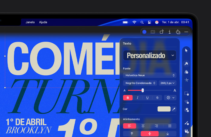 Espaço de trabalho do Pixelmator Pro com tipografia branca e preta sobre um fundo azul, barra de ferramentas à direita