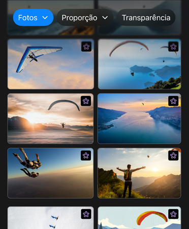 Tela com oito imagens de parapentes no ar, botões na parte superior para Fotos, Proporção e Transparência