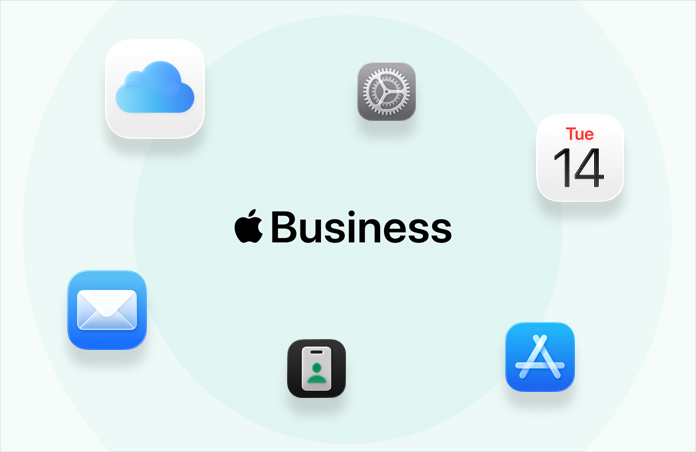 Uma linha de apps e ferramentas para empresas, incluindo iCloud, Calendário, Mapas, Apple Business, Mail, Ajustes e App Store