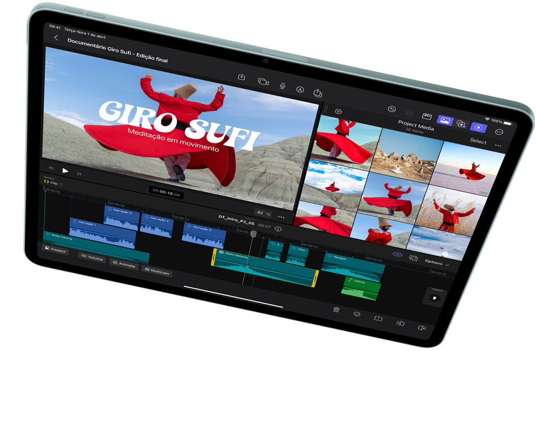 iPad Air na horizontal com a tela mostrando uma edição de vídeo no Final Cut Pro