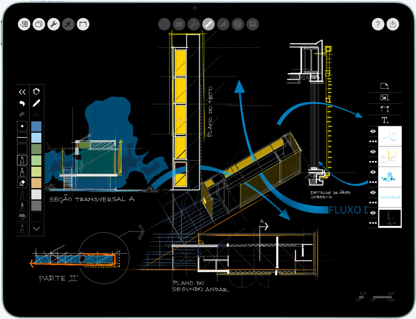 iPad Air na horizontal mostrando o app Morpholio Trace.