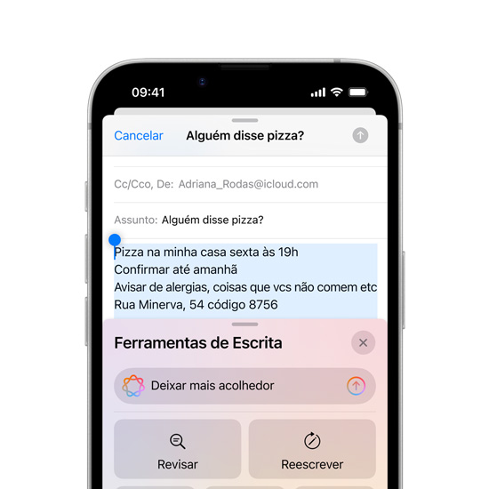Imagem parcial da tela do iPhone 16e mostra os recursos das Ferramentas de Escrita da Apple Intelligence.