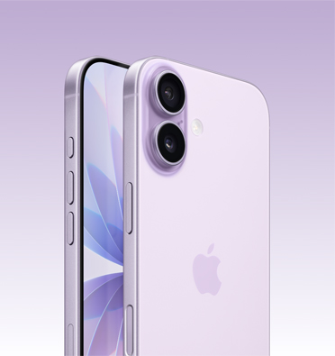 Parte da tela e ângulo lateral do iPhone 17 na cor lavanda mostrando o botão de Ação, o botão de volume e o botão lateral. Imagem da parte de trás que mostra o sistema de câmera dupla Fusion no canto superior esquerdo