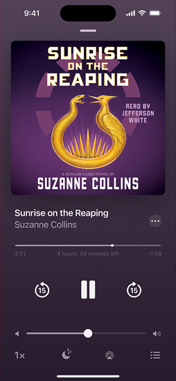iPhone screen showing an audiobook. Below the cover art is playback controls, including a play button, volume slider, and jump ahead and jump back buttons