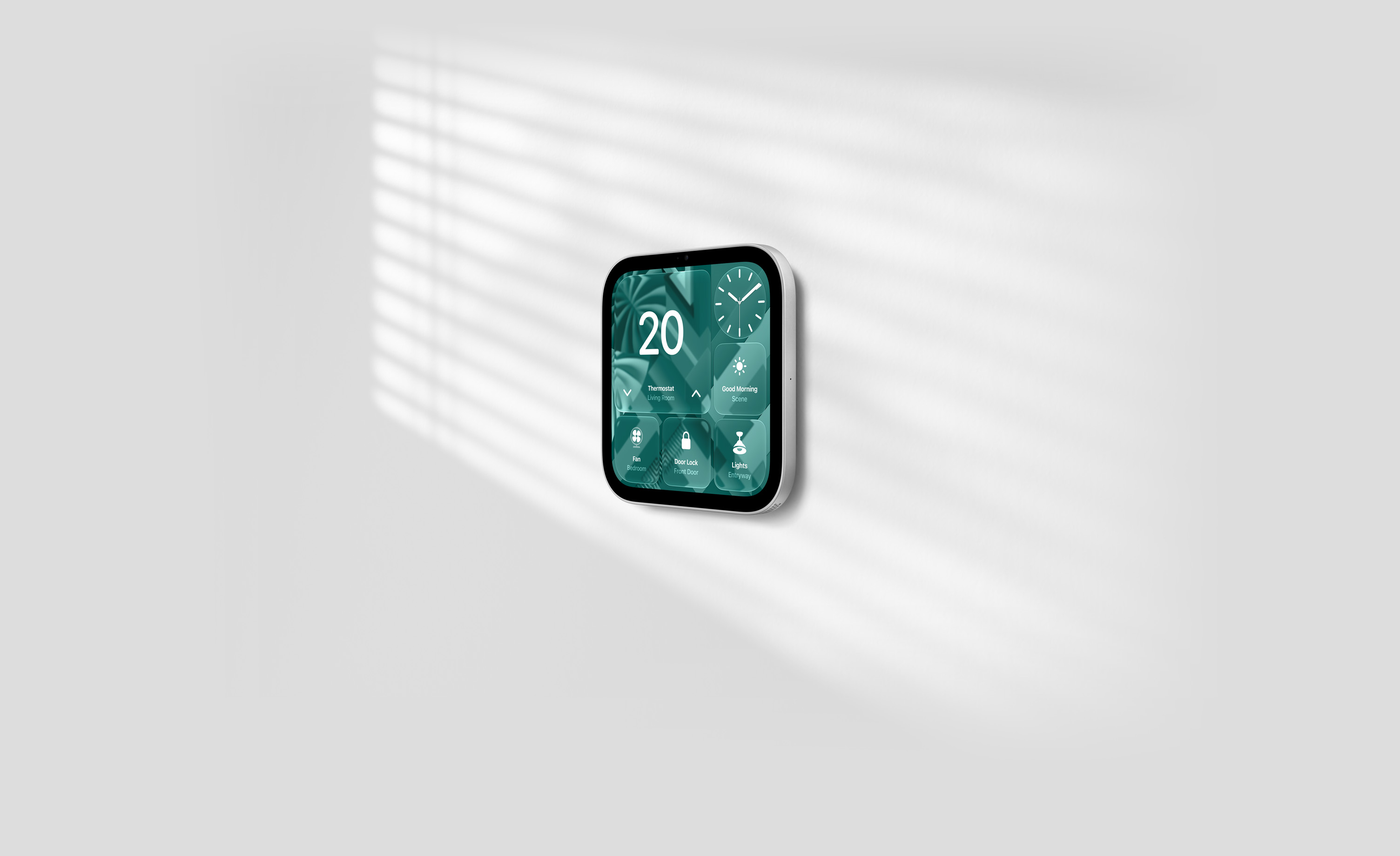 Apple HomeView, wall-mounted model on a wall, silver color, displaying time, temperature, front door camera feed, and controls for thermostat, bedroom fan, door lock, and lights