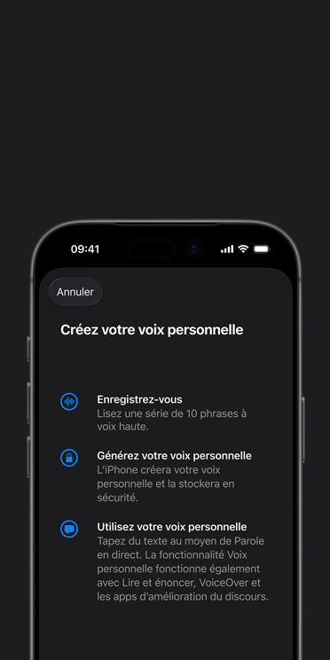 Écran d’un iPhone 17 Pro montrant la fonctionnalité Voix personnelle et des directives pour créer sa propre voix