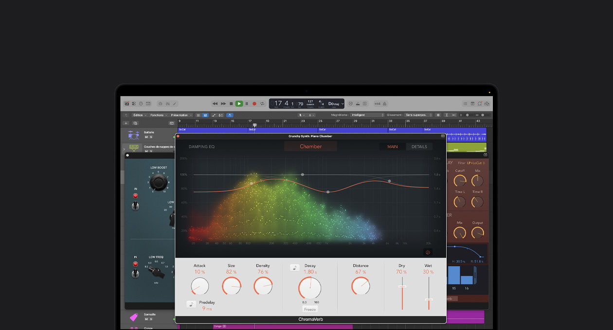 Écran de MacBook Pro 16 pouces, interface de Logic Pro avec une fenêtre d’ondes sonores de synthétiseur ouverte et des instruments et effets en arrière-plan