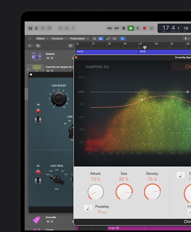 Écran de MacBook Pro 16 pouces, interface de Logic Pro avec une fenêtre d’ondes sonores de synthétiseur ouverte et des instruments et effets en arrière-plan