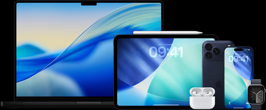  Des produits Apple, dont un MacBook Pro, un iPad, un Apple Pencil Pro, des AirPods Pro 2, un iPhone 17 Pro Max, un iPhone 17 Pro et une Apple Watch Series 11.