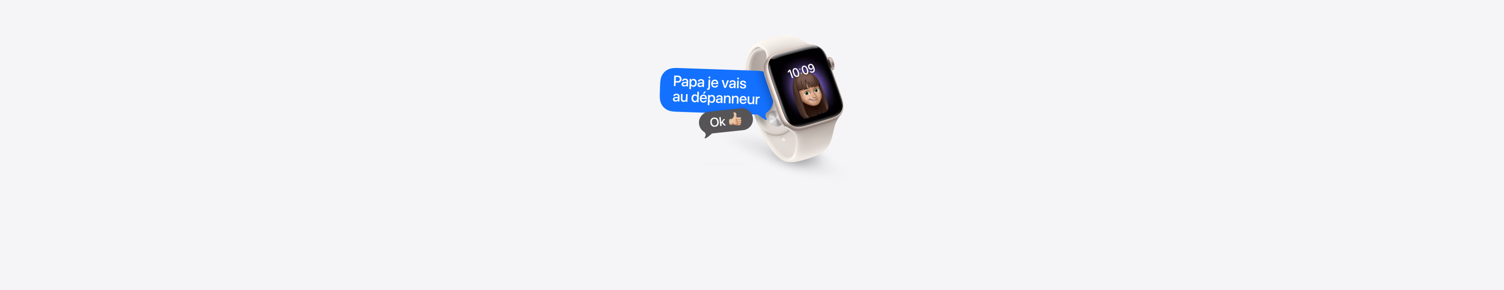 Apple Watch, le cadran montre un Memoji de jeune fille qui fait un clin d’œil, une bulle de texte dit « Papa je vais au dépanneur » et une bulle de réponse dit « OK! » avec un emoji de pouce levé