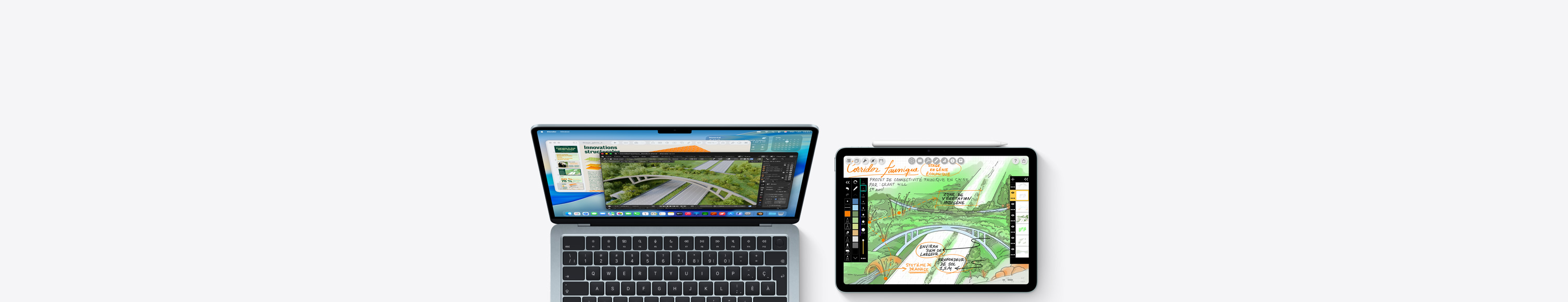 Mac et iPad, écrans affichant des travaux collégiaux et universitaires dans différentes apps