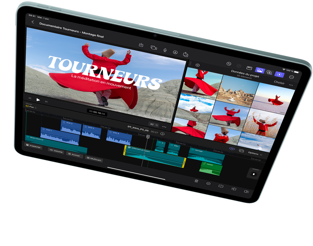 iPad Air en orientation paysage, montrant le montage vidéo dans Final Cut Pro