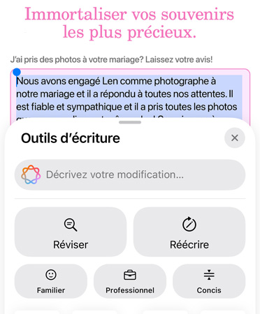 Outils d’écriture en cours d’utilisation avec les options pour réécrire, réviser et résumer ainsi que les styles style cordial, professionnel ou concis