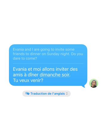 Traduction en direct dans Messages montrant une traduction de l’anglais à l’espagnol