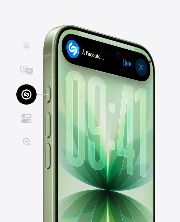 iPhone 17 sauge, face avant en Ceramic Shield, Dynamic Island affichant Shazam en cours d’utilisation, vue de profil montrant les boutons Action et de volume