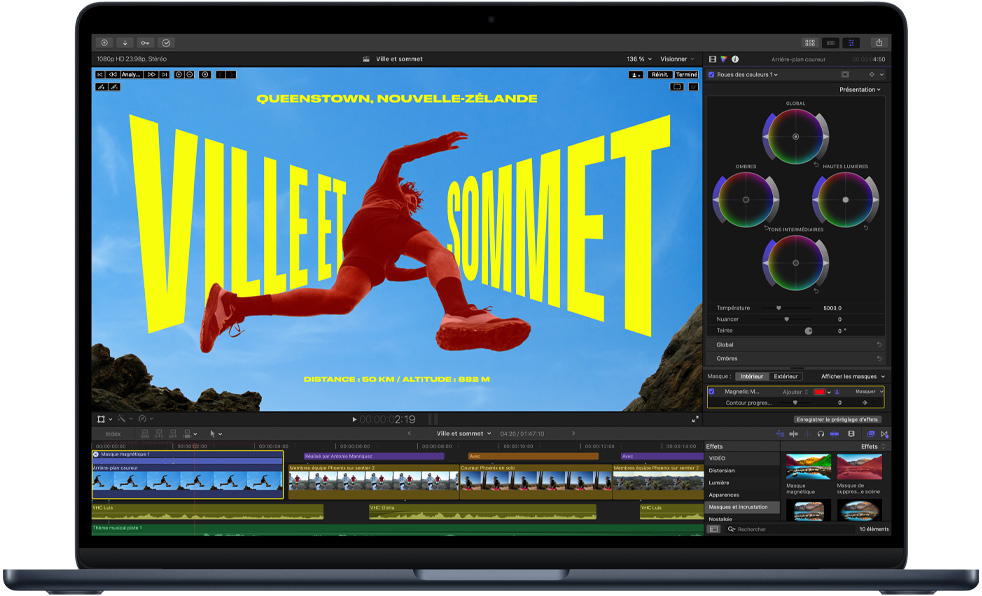 Écran de MacBook Air affichant un montage vidéo pour illustrer les capacités de la puce M5