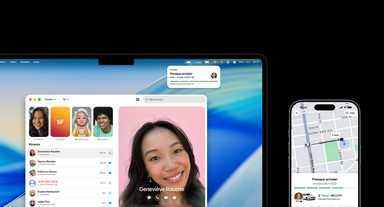 Un MacBook Pro et un iPhone côte à côte, l’écran du MacBook Pro affiche l’app Téléphone et les événements en direct de l’app Uber, l’iPhone affiche l’app Uber