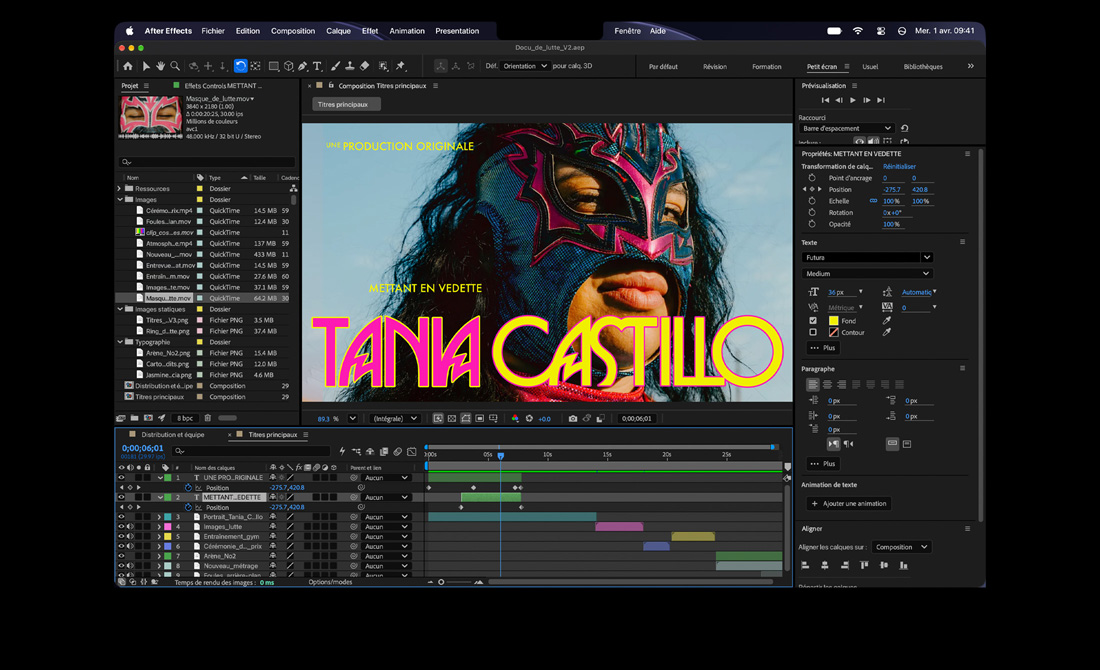 Un MacBook Pro, After Effects, carton-titre qui annonce une production originale mettant en vedette Tania Castillo, en surimpression sur la photo d’une lutteuse portant un masque de luchador rose et bleu, avec le panneau des propriétés et la fenêtre de montage autour