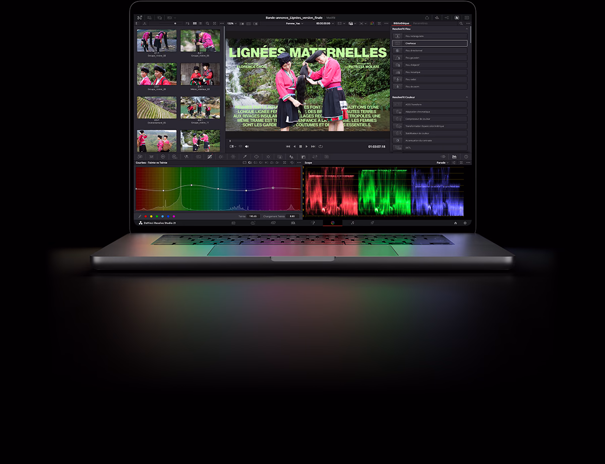 MacBook Pro avec écran PROLED XDR, couleur argent, écran affichant un film en cours de montage dans DaVinci Resolve