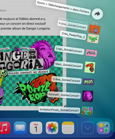 Gros plan sur le Dock au bas de l’écran, avec un éventail de fichiers qui se déploient à la verticale