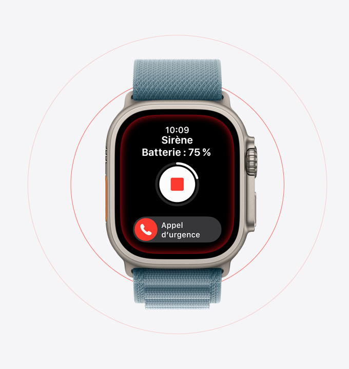 Apple Watch Ultra 3, boîtier en titane, naturel, sirène activée, bouton d’appel d’urgence