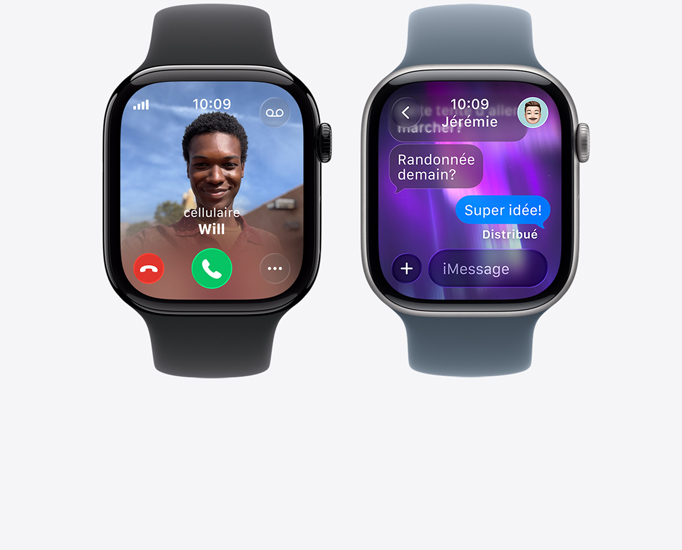 Appareils Apple Watch Series 11, appel entrant, photo de contact, boutons permettant d’accepter ou de refuser un appel, conversation iMessage