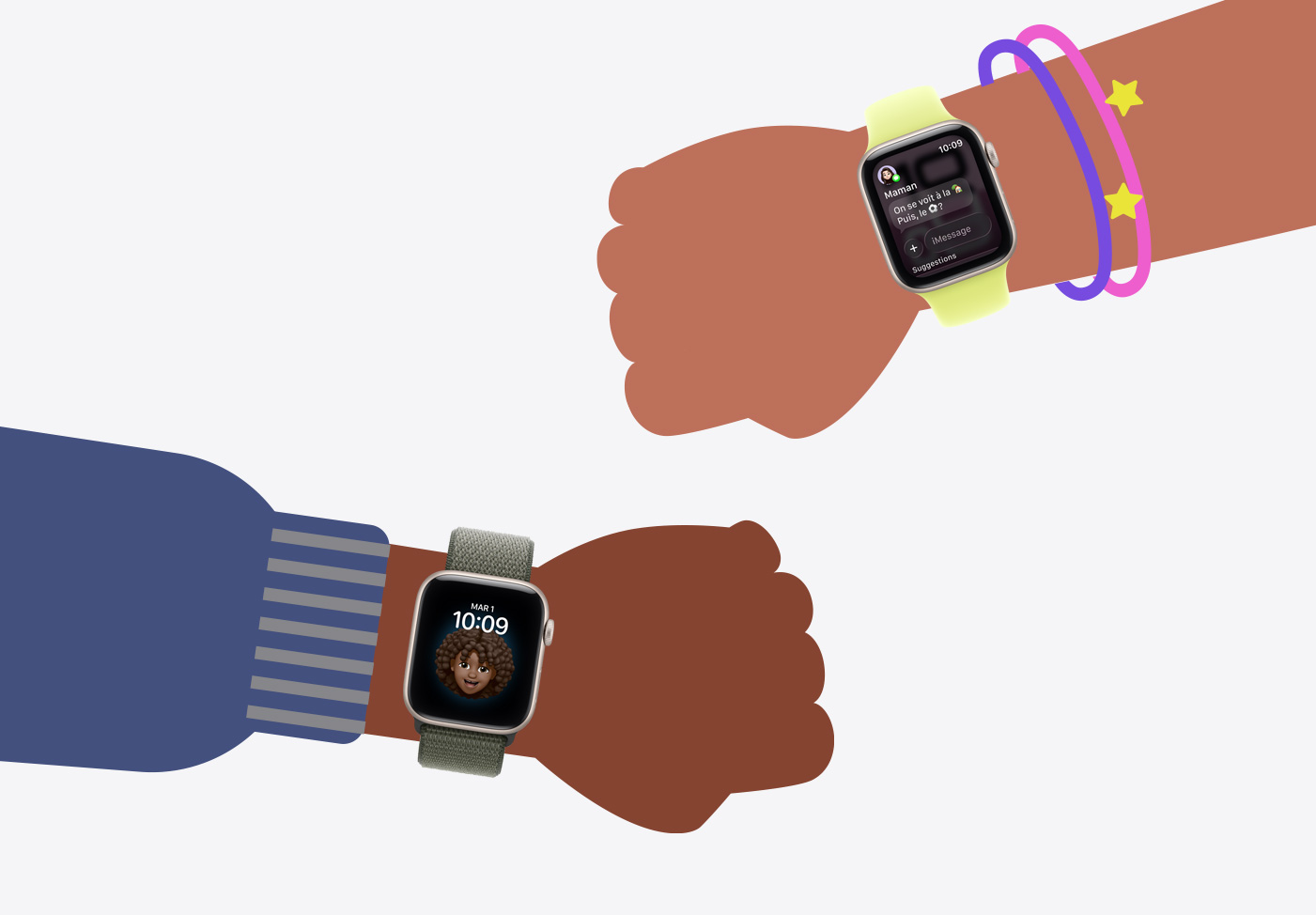 Apple Watch pour vos enfants, illustrations caricaturales de poignet d’enfants portant des Apple Watch SE 3