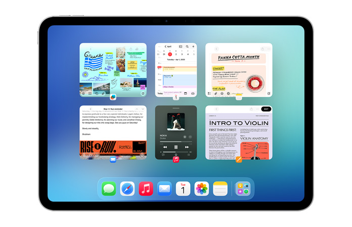 iPad, landscape orientation, screen shows six windows open in two rows, including Calendar app, Notes app, Apple Music and Safari