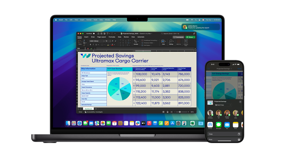 Un Mac y un iPhone con un documento Excel en pantalla.