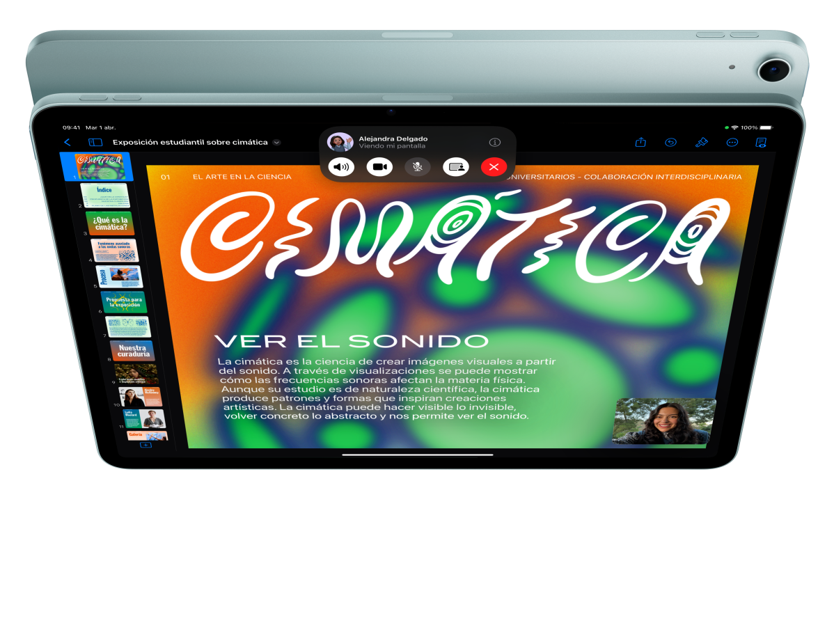 iPad Air, vista frontal, una persona participa en una llamada de FaceTime y consulta Keynote. Detrás se muestra la vista posterior de otro iPad Air