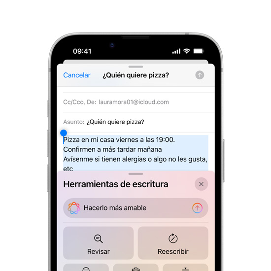 Vista parcial de la pantalla de un iPhone 16e que muestra las Herramientas de Escritura de Apple Intelligence.