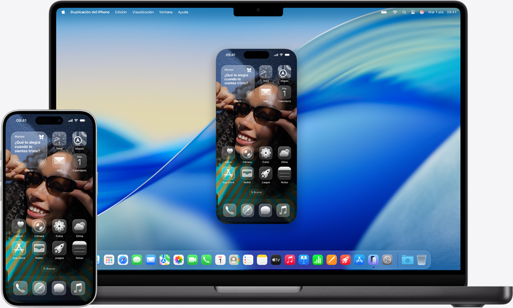 Un iPhone y un MacBook lado a lado muestran cómo se duplica la pantalla del teléfono en el MacBook. Widgets de Calendario y Notas cerca de la parte superior de la pantalla, otras apps en la parte inferior.