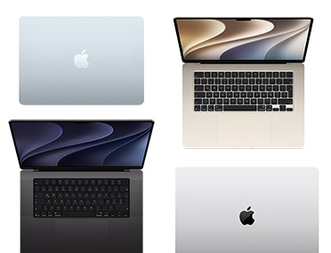 Cuatro modelos de computadores Mac en distintos tamaños y colores que muestran la amplia gama de opciones de personalización