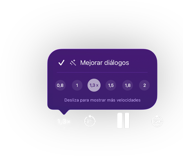 Controles de reproducción de Apple Podcasts, un menú emergente morado muestra la funcionalidad Mejorar Diálogos activada, la velocidad de reproducción está configurada en 1.3x con opciones que van desde 0.8 hasta 2, texto: Desliza para Mostrar más Velocidades, los controles que aparecen abajo incluyen retroceder 15 segundos, pausar y avanzar 30 segundos.