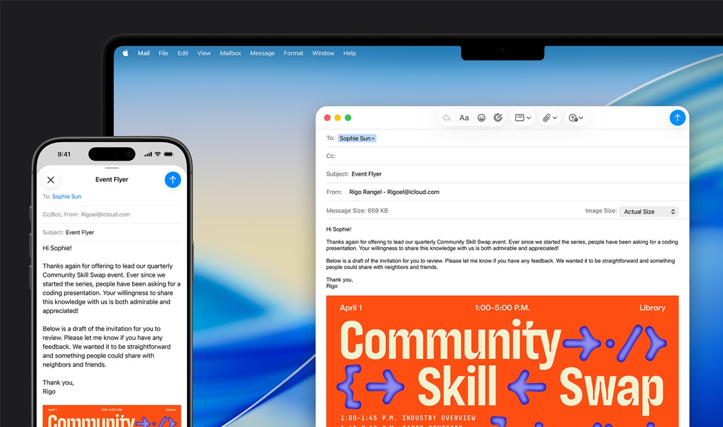 iPhone 16 Plus a MacBook Pro, otevřená aplikace Mail, na obou je vidět stejný rozepsaný e‑mail