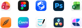 Deset ikon aplikací ve dvou řadách: PowerPoint, Figma, Shapr3D, Photoshop, Excel, Linearity, Canva, GoodNotes, DaVinci Resolve, Craft