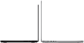 14palcový vesmírně černý MacBook Pro vedle 16palcového stříbrného MacBooku Pro
