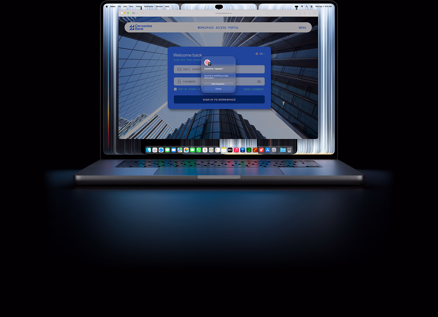 MacBook Pro s PROLED XDR displejem, na kterém je okno Safari a menší okno s výzvou pro uživatele, aby se přihlásil k webu pomocí Touch ID nebo zadáním přihlašovacích údajů