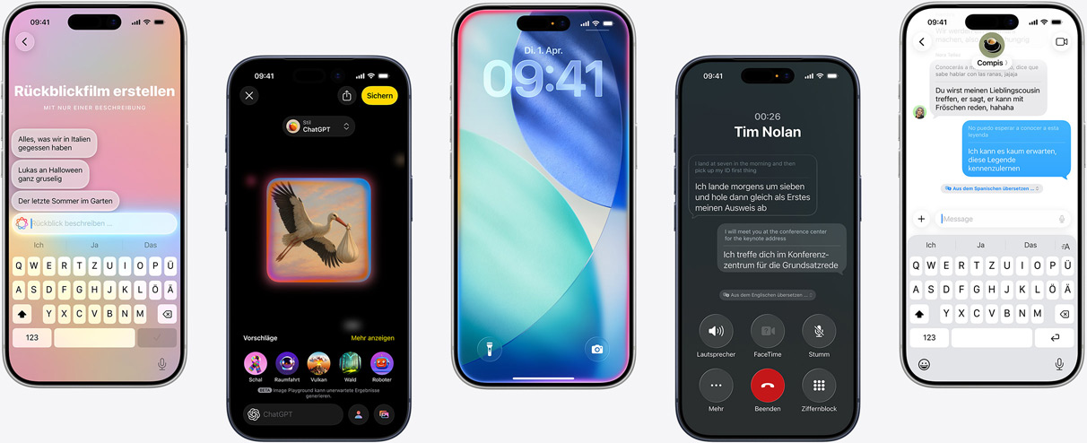 Fünf iPhone Geräte zeigen Apple Intelligence Features: einen Erinnerungsfilm erstellen, Artwork in Image Playground generieren, den iOS Sperrbildschirm mit glühendem Licht, Live Übersetzung in einem Anruf und Live Übersetzung in Nachrichten.