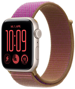 Apple Watch SE 3, Aluminiumgehäuse, Farbe Polarstern, rechte Seitenansicht, Digital Crown, Mikrofon, Seitentaste, verbunden mit Sport Loop Armband, Farbe Magenta, Klettverschluss