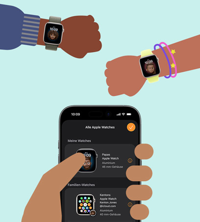 Apple Watch für deine Kinder, Cartoon Zeichnung, Handgelenke von Kindern mit der Apple Watch SE 3, die mit einem iPhone in der Hand eines Elternteils gekoppelt sind