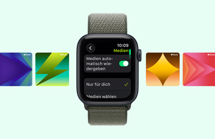 Apple Watch SE 3, Aluminiumgehäuse, Farbe Mitternacht, Vorschläge für Apple Music Trainingsplaylist, Armband, Sport Loop, Farbe Waldgrün