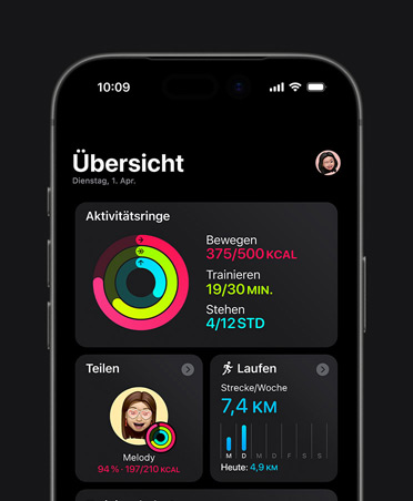 iPhone 17, Fitness Zusammenfassung, Aktivitätsringe, Messwerte für Bewegen, Trainieren und Stehen, Aktivitäten teilen mit Freund:innen, wöchentliche Laufstatistiken, Trainingsbelastung