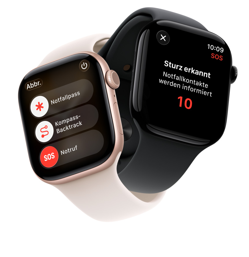 Apple Watch Series 11 Geräte, Aluminiumgehäuse, Farben Roségold und Diamantschwarz, Sicherheitsfeatures auf dem Display: Notfallpass, Kompass Backtrack, Notruf SOS, Sportarmbänder, Farben Bassrosa und Schwarz
